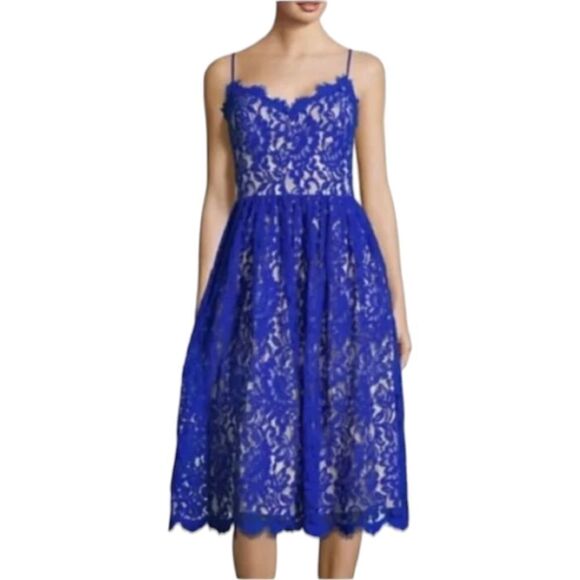 Eliza J Lace Cobalt Blue Illusion Dress Women's Sz 10 Pockets Adjustable NWOT - Picture 3 of 16